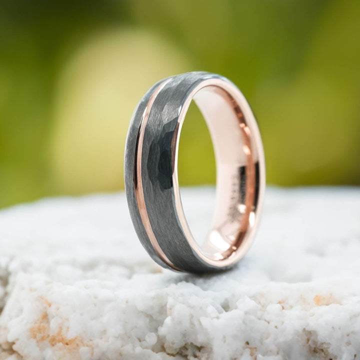 Rounded Hammered Silver Band / Rose Gold Stripe - 6mm