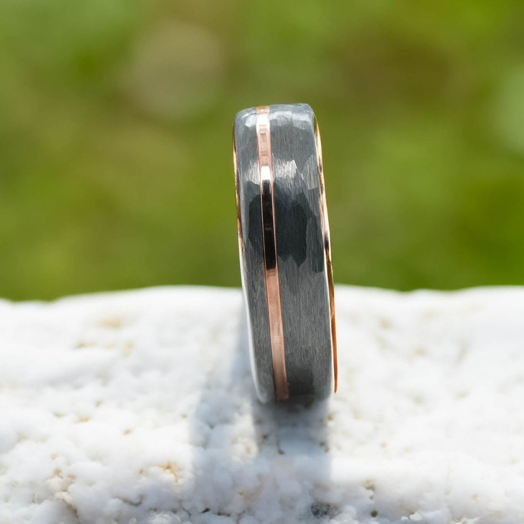 Rounded Hammered Silver Band / Rose Gold Stripe - 6mm