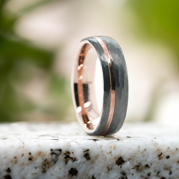 Rounded Hammered Silver Band / Rose Gold Stripe - 6mm