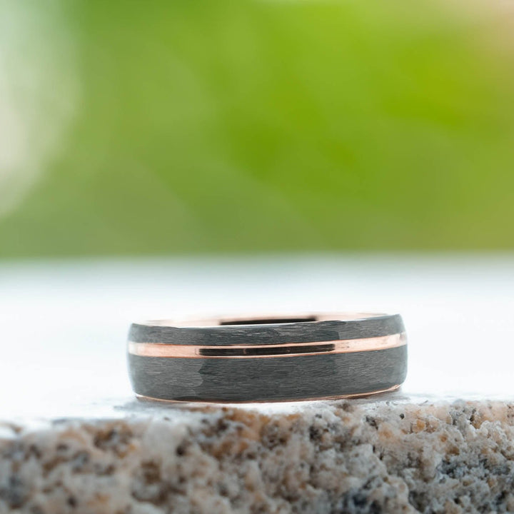 Rounded Hammered Silver Band / Rose Gold Stripe - 6mm