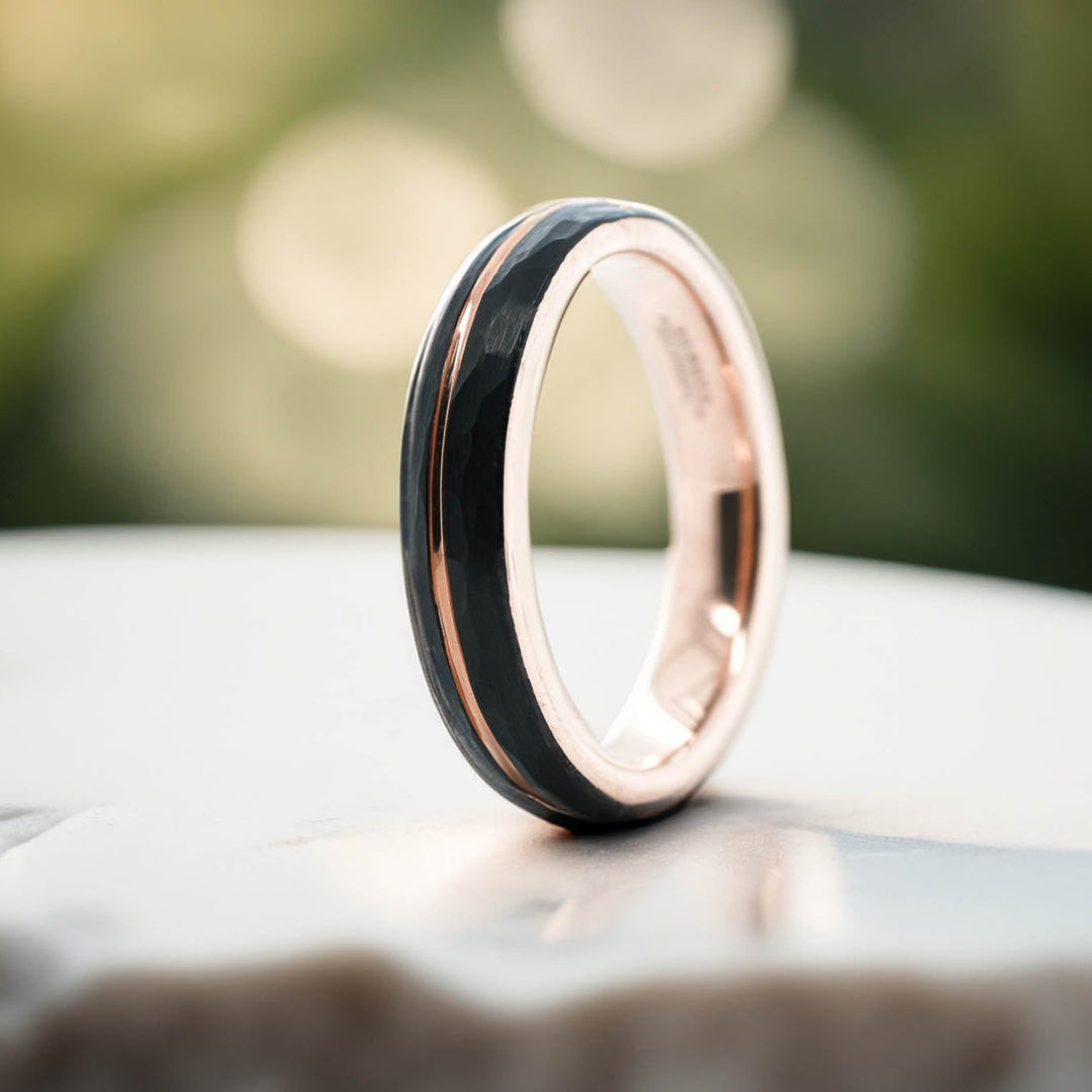 Rounded Hammered Black Band / Rose Gold Stripe - 4mm