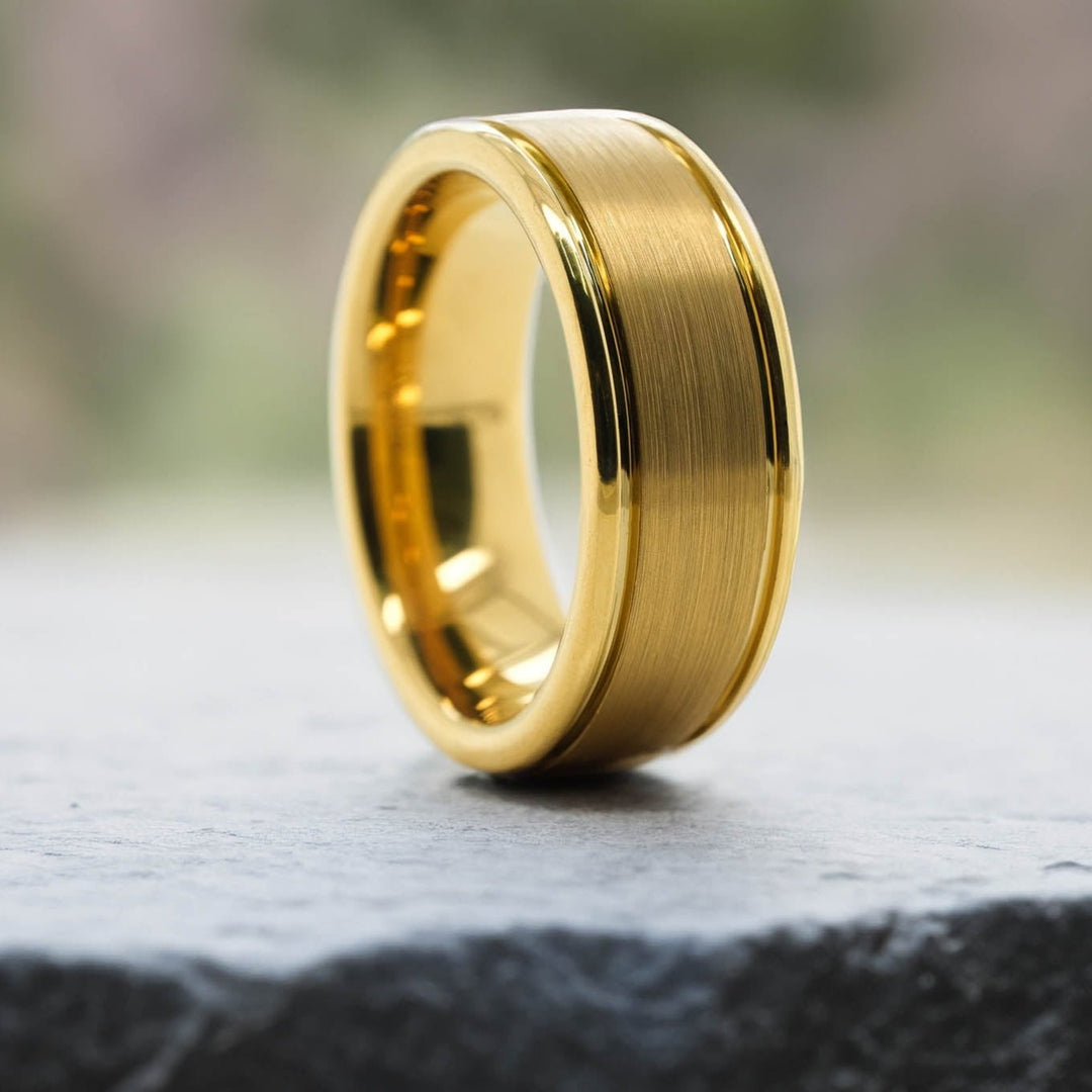 Brushed Yellow Gold Band / High Polished Side Walls - 8mm