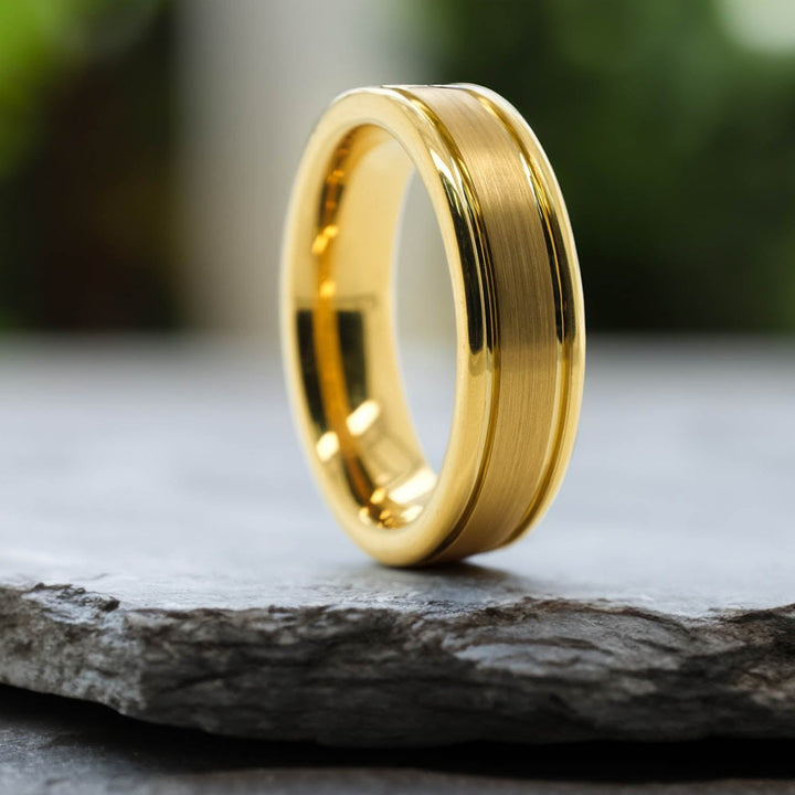 Brushed Yellow Gold Band / High Polished Side Walls - 6mm