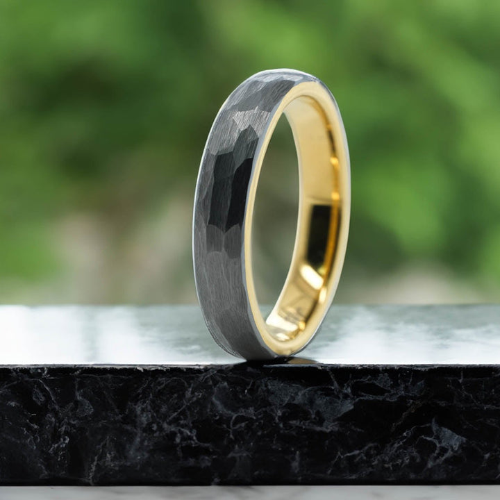 Hammered Silver Band / Yellow Gold Interior - 4mm