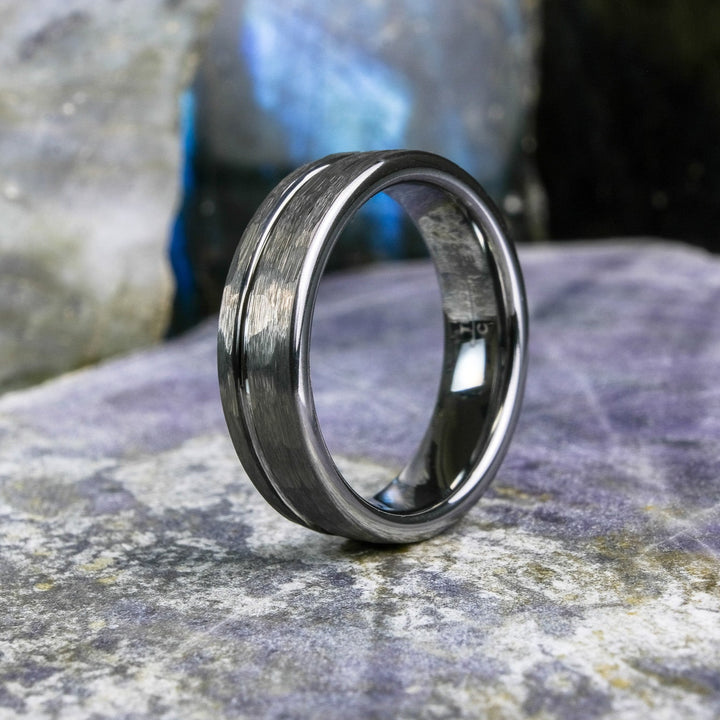 Bold Hammered Silver Band with Stripe - 6mm