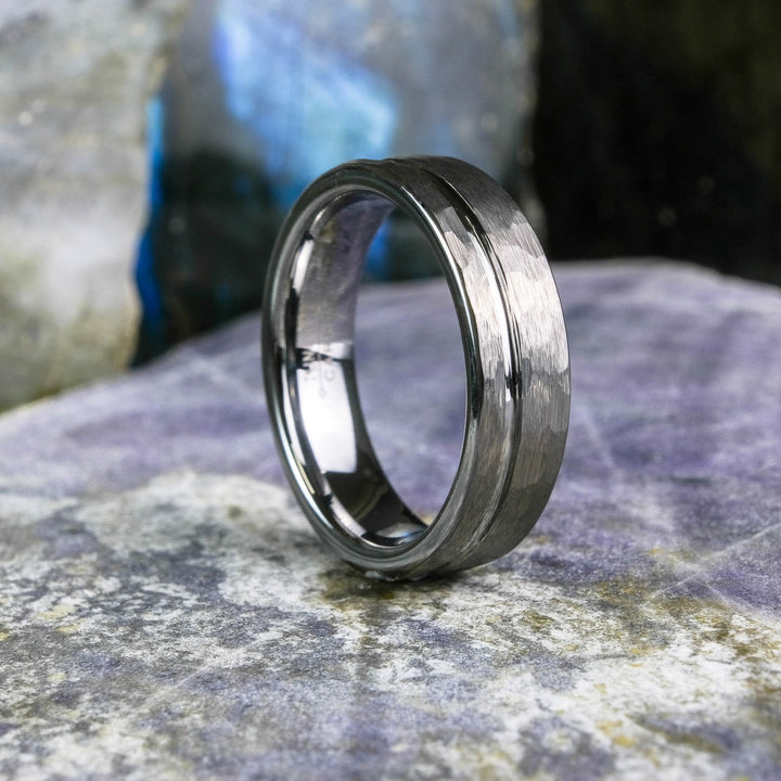 Bold Hammered Silver Band with Stripe - 6mm