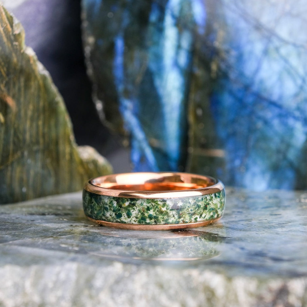 Moss Agate Rose Gold Band 6mm – Metal Crafted Jewelry