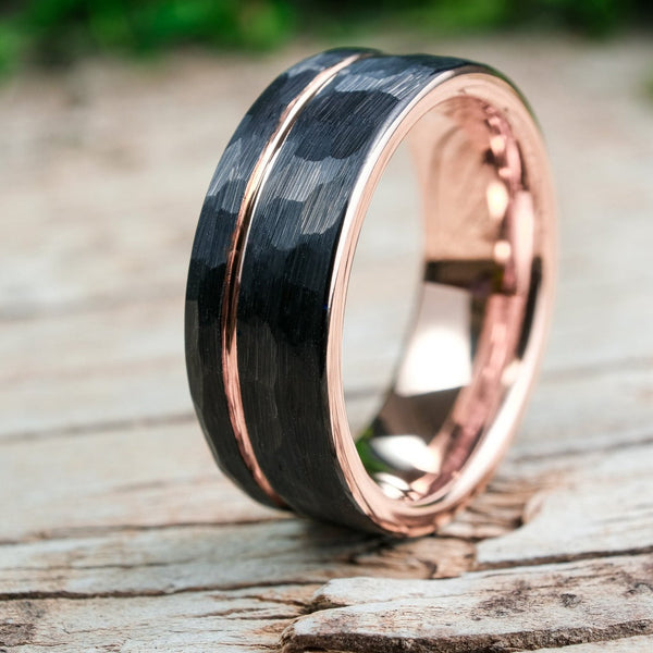 Hammered Black Band / Rose Gold Stripe - 8mm