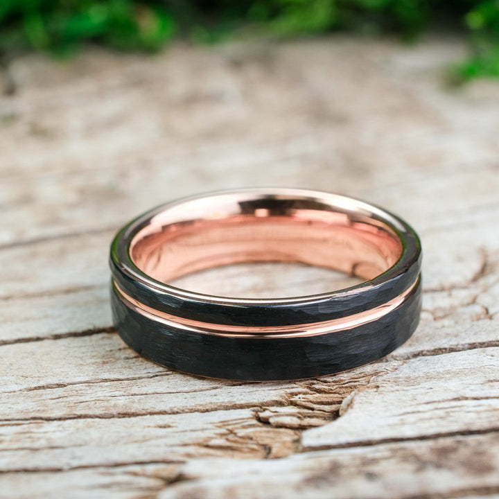 Hammered Black Band / Rose Gold Stripe - 6mm