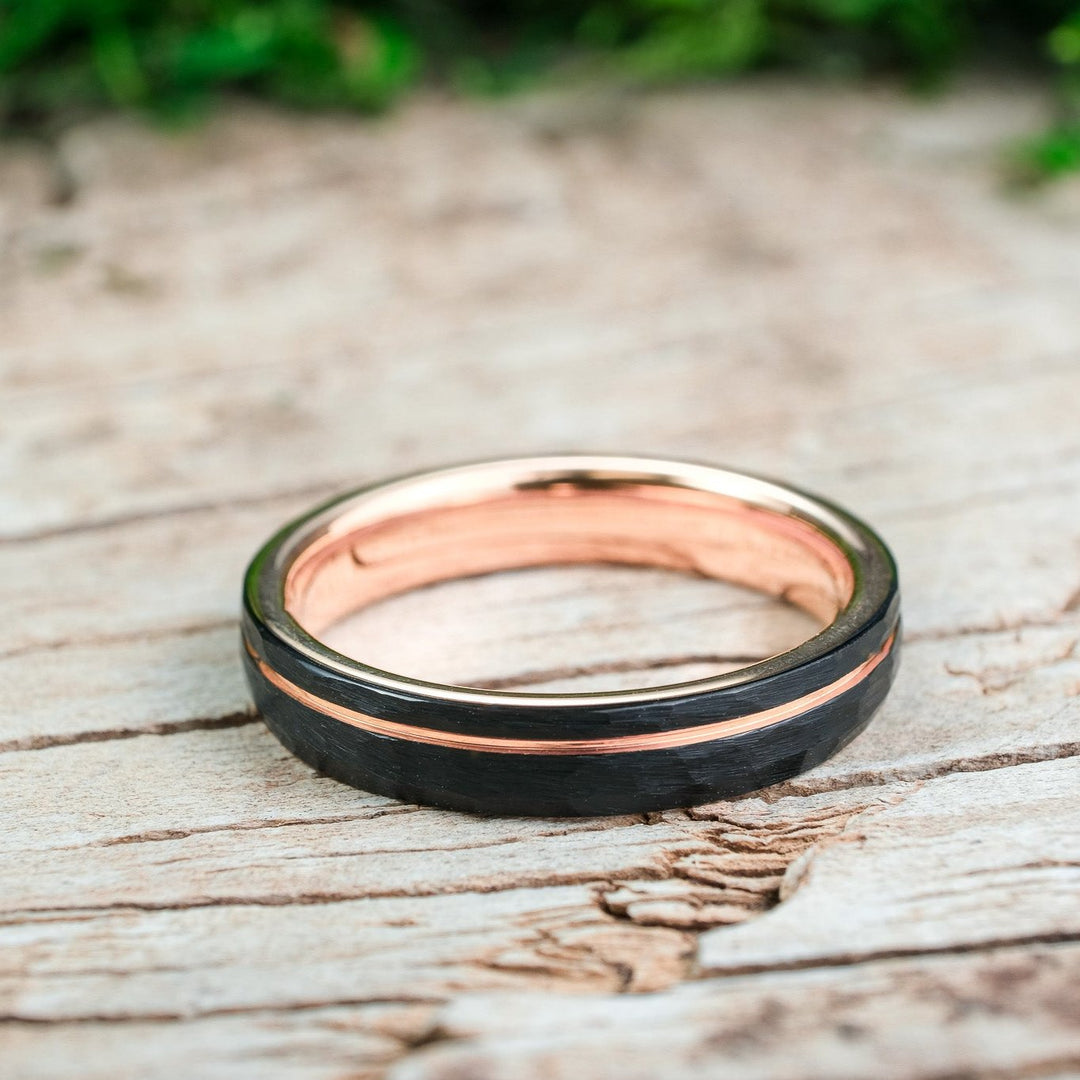 Hammered Black Band / Rose Gold Stripe - 4mm