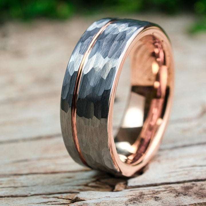 Hammered Silver Band / Rose Gold Stripe - 8mm