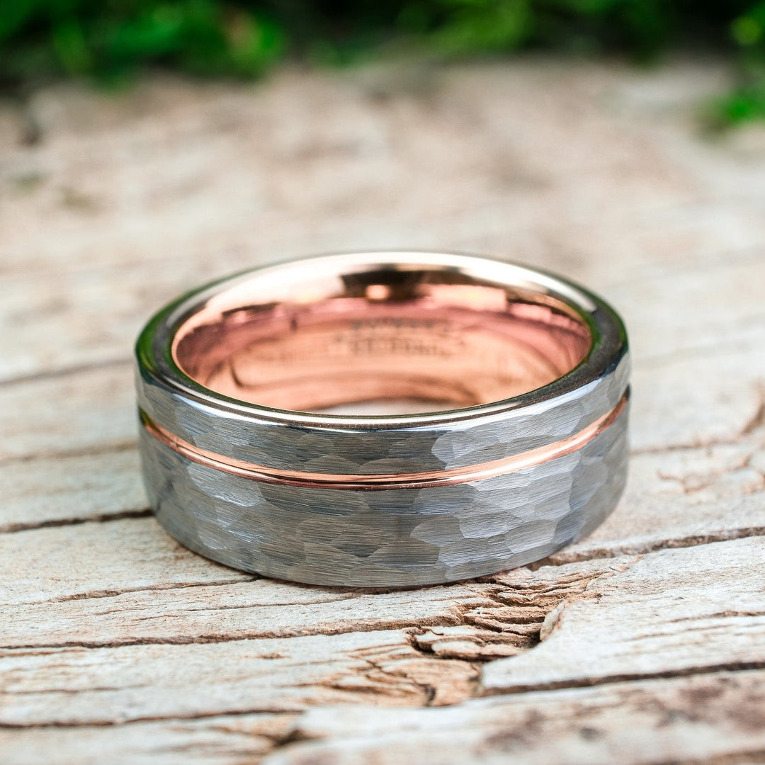 Hammered Silver Band / Rose Gold Stripe - 8mm