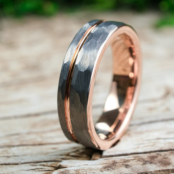 Hammered Silver Band / Rose Gold Stripe - 6mm