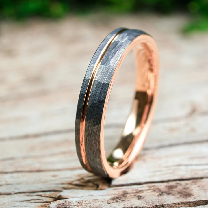 Hammered Silver Band / Rose Gold Stripe - 4mm