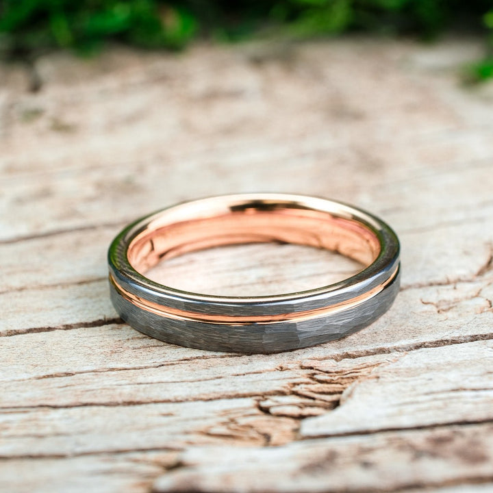 Hammered Silver Band / Rose Gold Stripe - 4mm