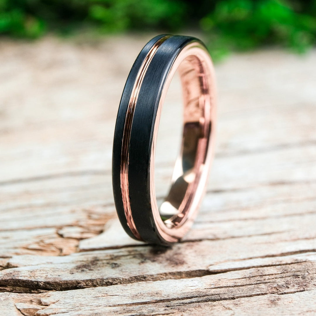 Men's Black & Rose Gold Tungsten Carbide Wedding Band - Brushed Metal Finish, 6mm Or 8mm