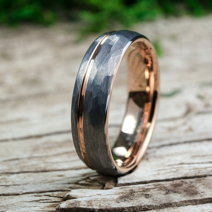 Rounded Hammered Silver Band / Rose Gold Stripe - 6mm