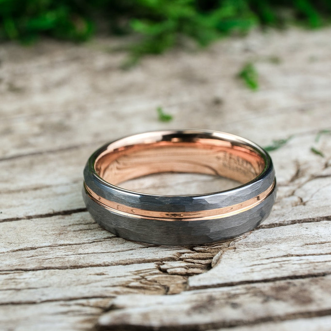 Rounded Hammered Silver Band / Rose Gold Stripe - 6mm