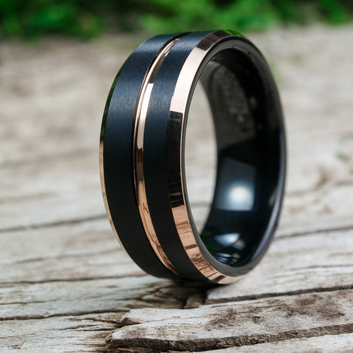 Rose Gold Polished Band / Black Stripes & Interior - 8mm