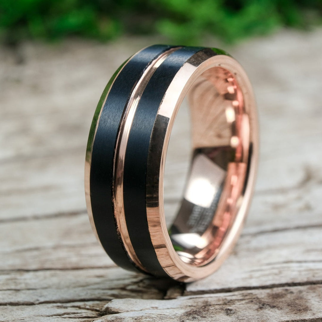 Rose Gold Polished Band / Black Stripes - 8mm