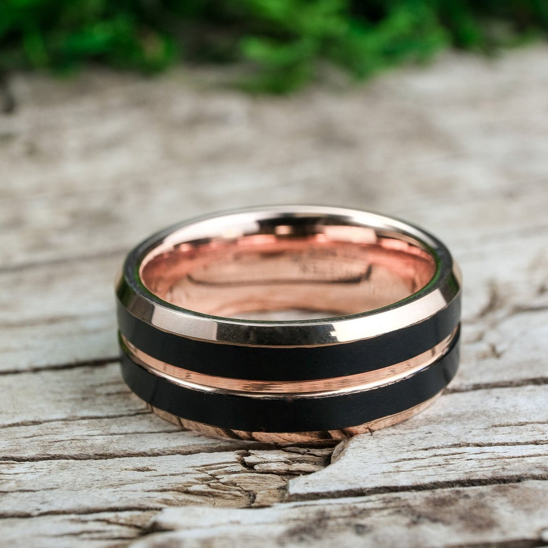 Rose Gold Polished Band / Black Stripes - 8mm