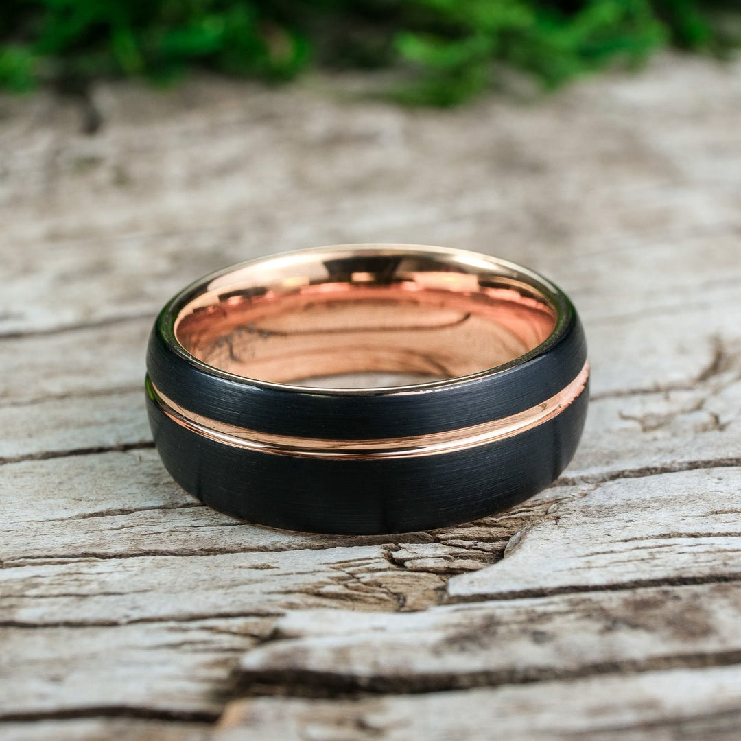 Rounded Black Brushed / Rose Gold Stripe - 8mm