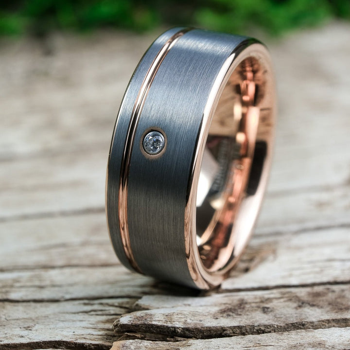 CZ Brushed Silver Band / Rose Gold Stripe & Interior - 8mm