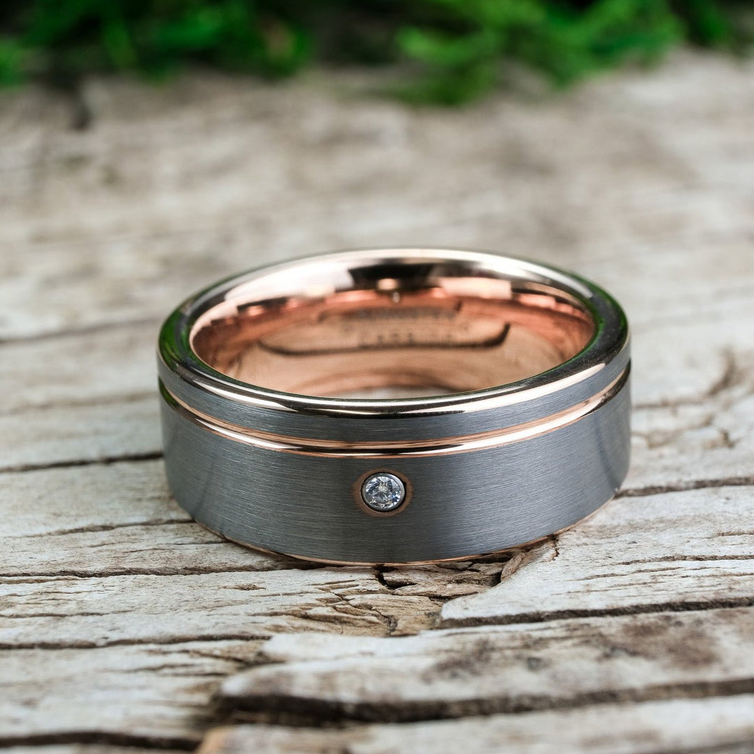 CZ Brushed Silver Band / Rose Gold Stripe & Interior - 8mm