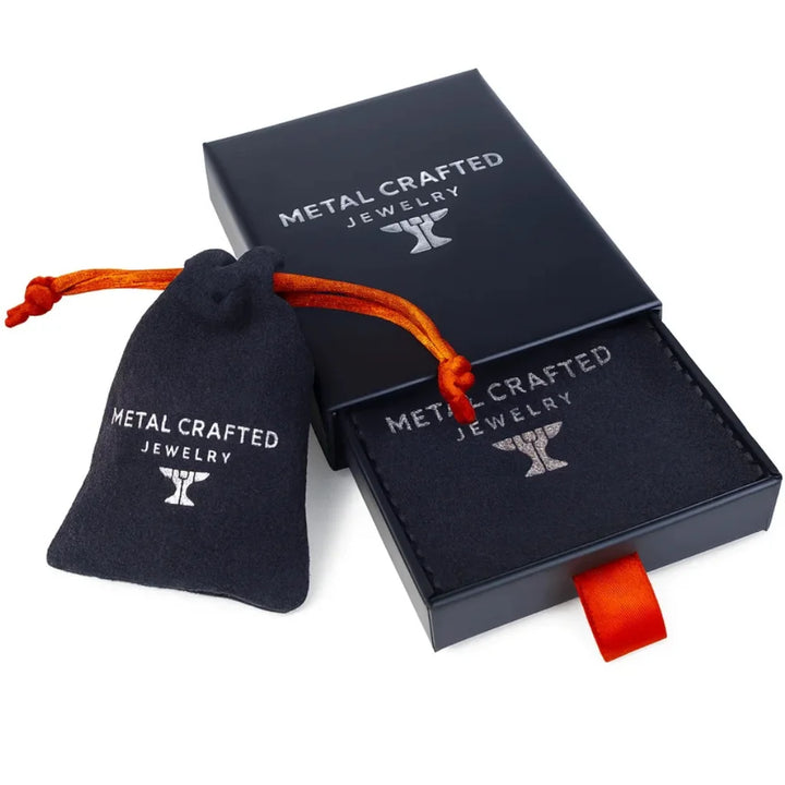 Metal Crafted Jewelry packaging with black box and pouch on a white background