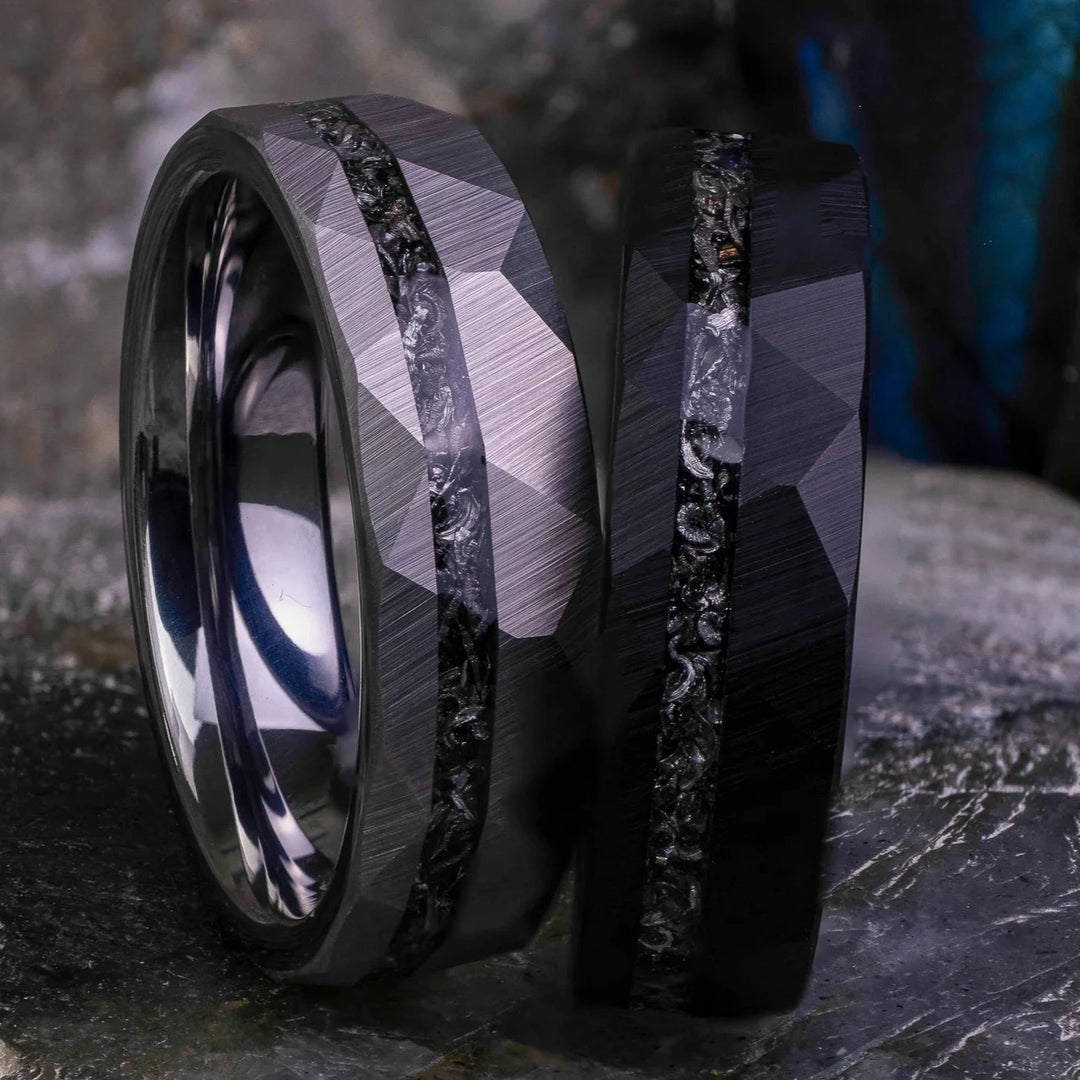 Two tungsten carbide wedding bands from the nova rift collection, in 8mm and 6mm with a crushed meteorite stripe. 