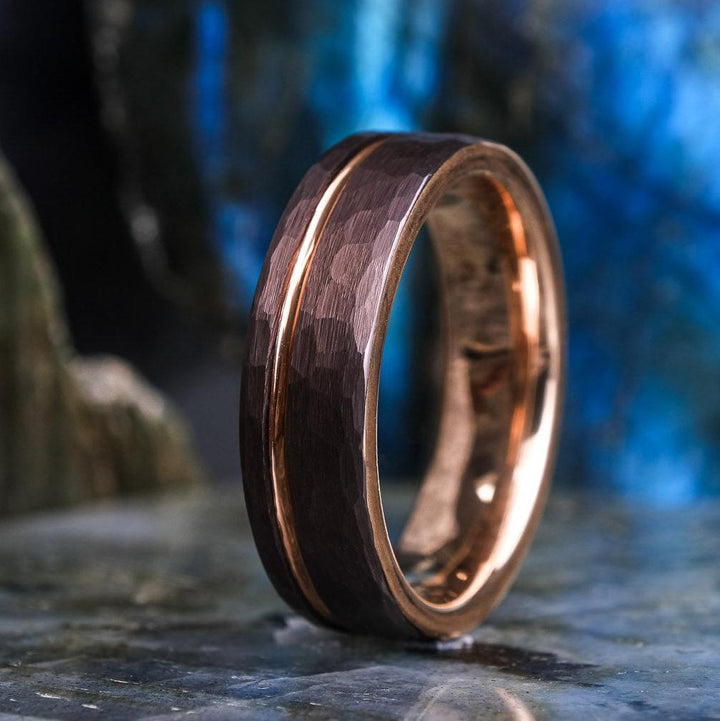 Mocha Brown Hammered / Rose Gold Stripe - 6mm