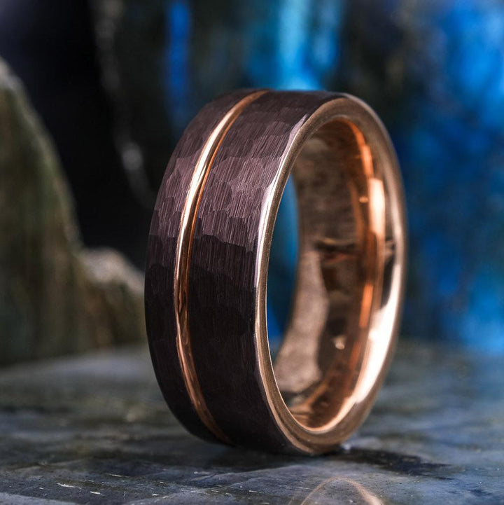 Mocha Brown Hammered / Rose Gold Stripe - 8mm