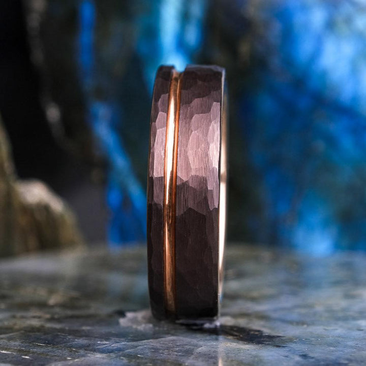 Mocha Brown Hammered / Rose Gold Stripe - 6mm