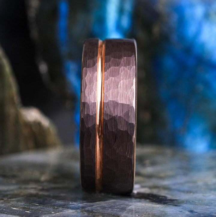 Mocha Brown Hammered / Rose Gold Stripe - 8mm