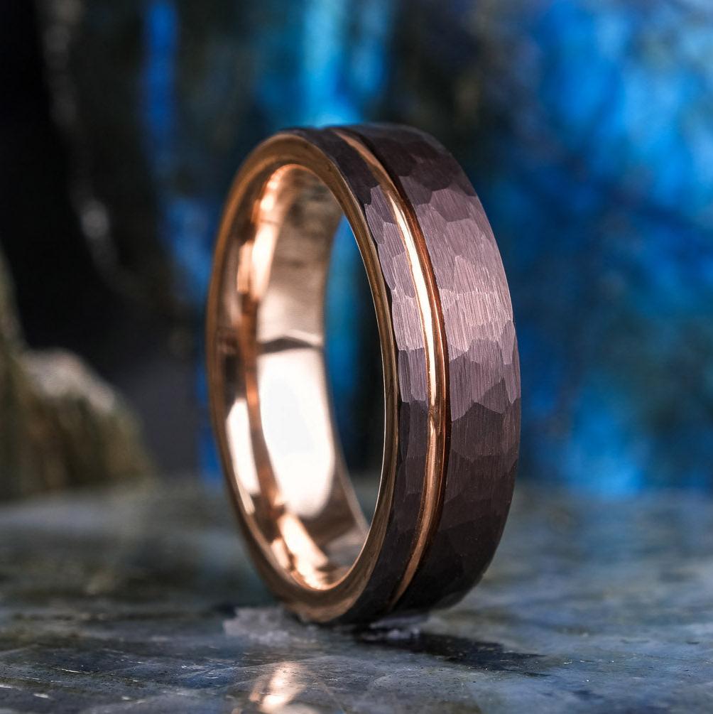 Mocha Brown Hammered / Rose Gold Stripe - 6mm