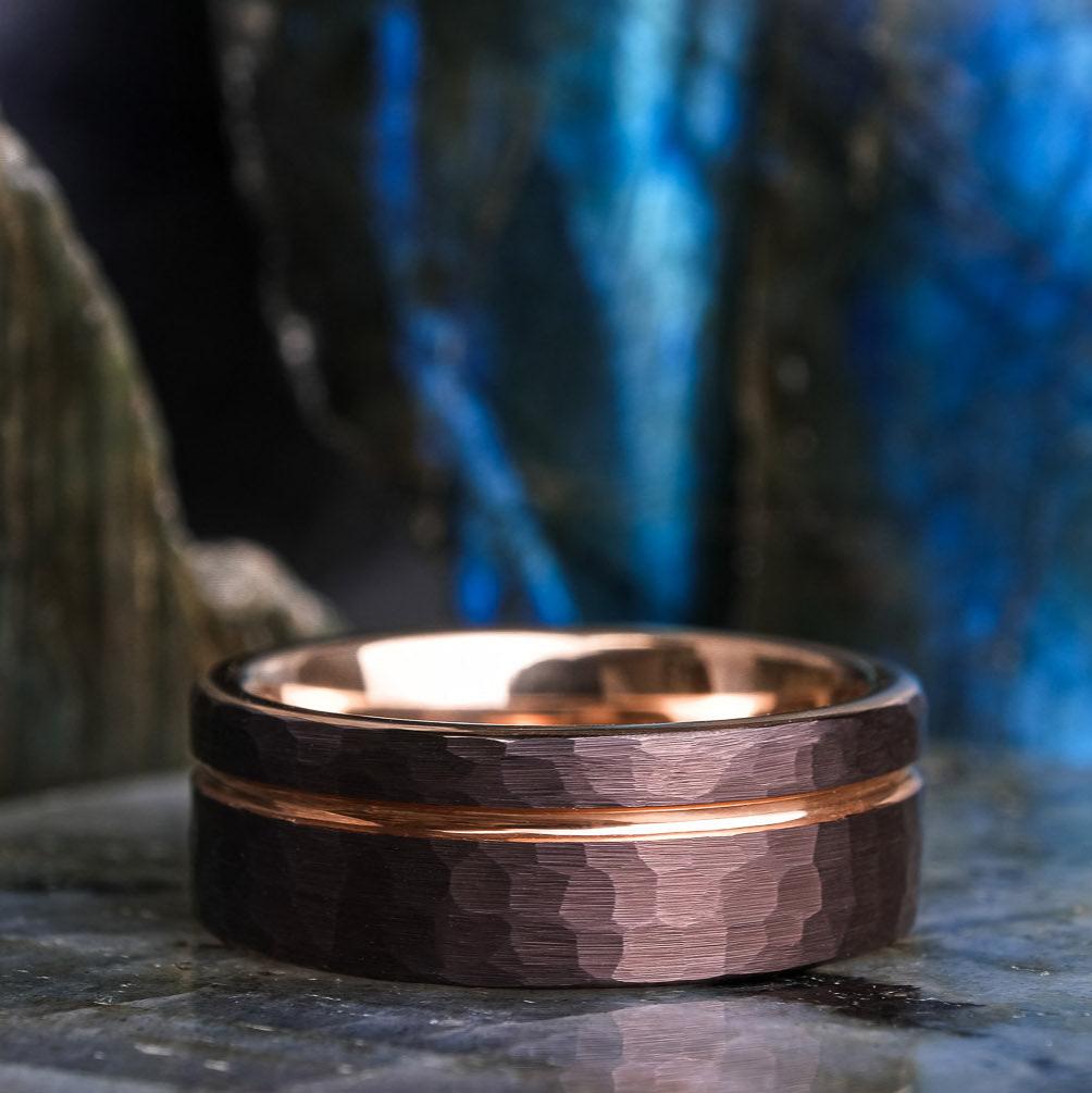 Mocha Brown Hammered / Rose Gold Stripe - 8mm