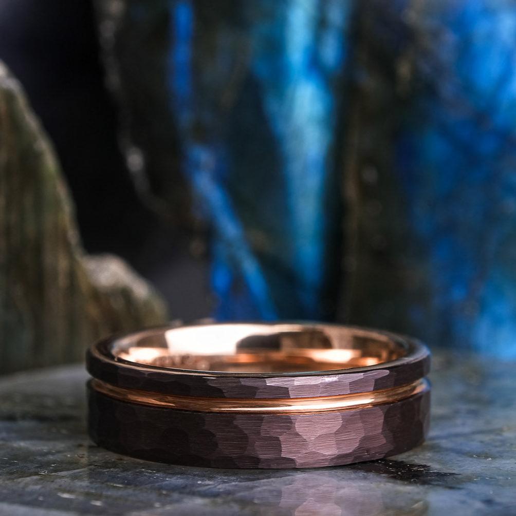 Mocha Brown Hammered / Rose Gold Stripe - 6mm