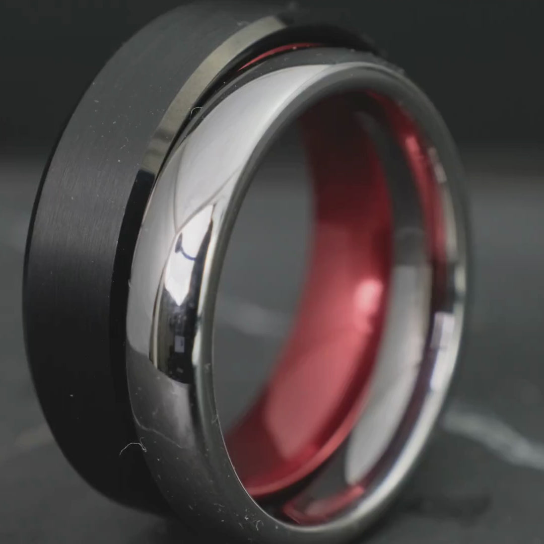 His & Hers Set | Black Brushed Red w/ Polished Silver | 4mm + 6mm