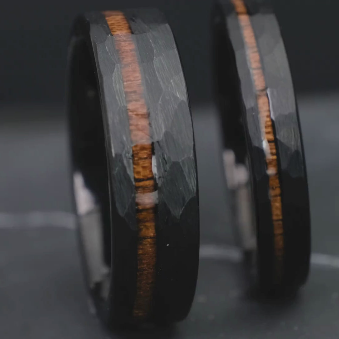 His & Hers Koa Wood Set | Black Hammered w/ Stripe | 4mm + 6mm