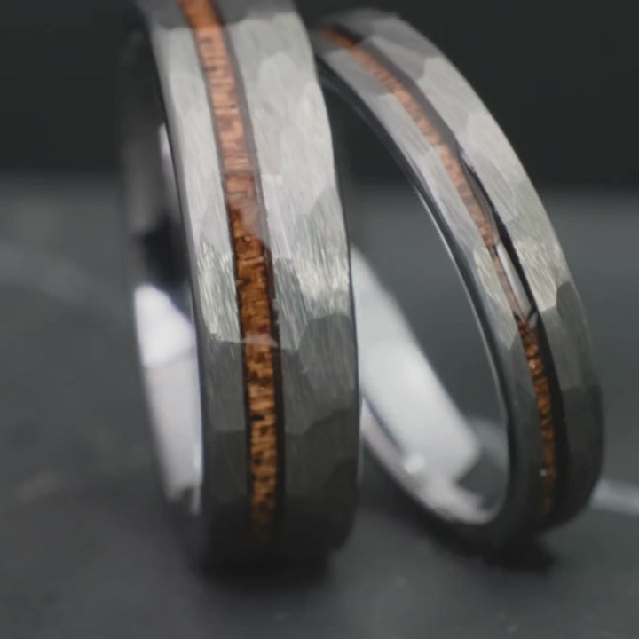 His & Hers Koa Wood Set | Silver Hammered w/ Stripe | 4mm + 6mm