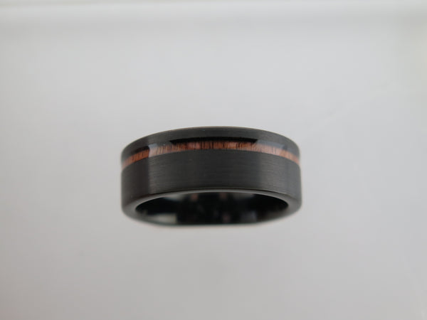 8mm BRUSHED Black Tungsten Carbide Unisex Band with KOA Wood Stripe Inlay