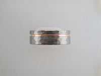 8mm HAMMERED Silver* Tungsten Carbide Unisex Band with Rose Gold* Stripe and Interior