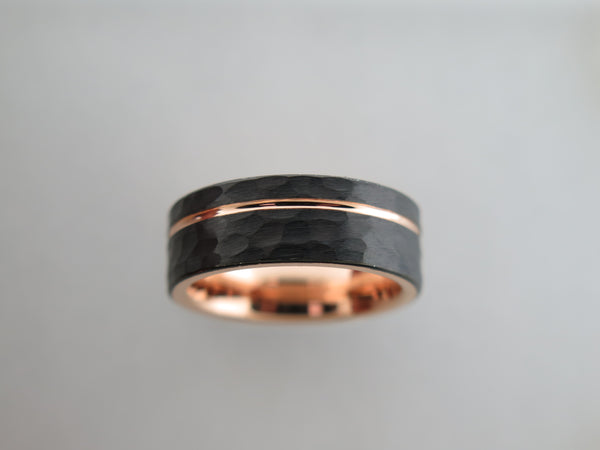 8mm HAMMERED Black Tungsten Carbide Unisex Band With Rose Gold* Stripe & Interior