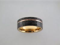 8mm HAMMERED Black Tungsten Carbide Unisex Band With Yellow Gold* Stripe & Interior