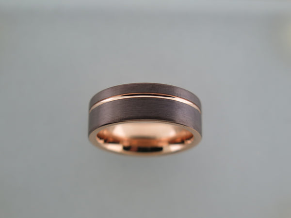 8mm BRUSHED Mocha Brown Tungsten Carbide Unisex Band With Rose Gold* Stripe & Interior