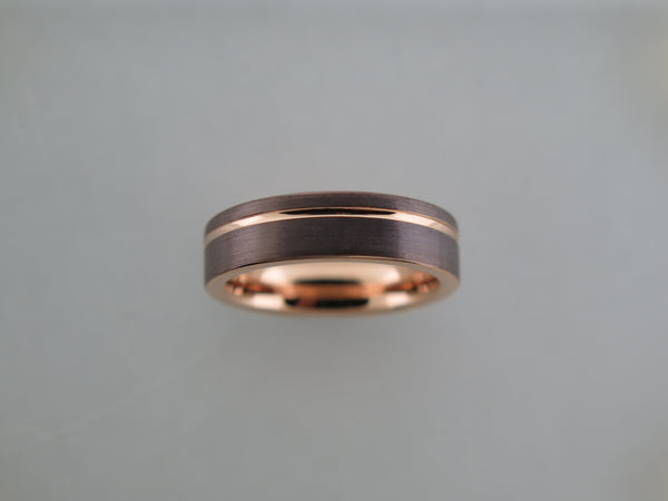 6mm BRUSHED Mocha Brown Tungsten Carbide Unisex Band With Rose Gold* Stripe and Interior