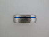 8mm ROUNDED HAMMERED Silver* Tungsten Carbide Unisex Band with Blue Stripe