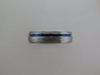 6mm ROUNDED HAMMERED Silver* Tungsten Carbide Unisex Band with Blue Stripe