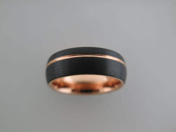 8mm ROUNDED BRUSHED Black Tungsten Carbide Unisex Band With Rose Gold* Stripe and Interior