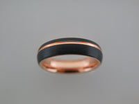 6mm ROUNDED BRUSHED Black Tungsten Carbide Unisex Band With Rose Gold* Stripe and Interior